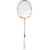 Raquette de badminton Babolat Speedlighter bleu et rouge cordée, vue de face